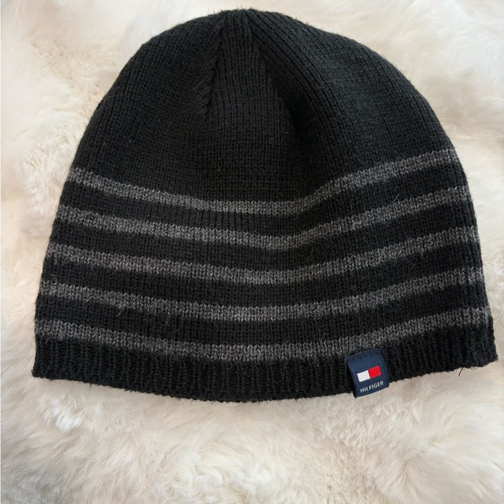 Tommy‎ Hilfiger Black Beanie with Gray Stripes